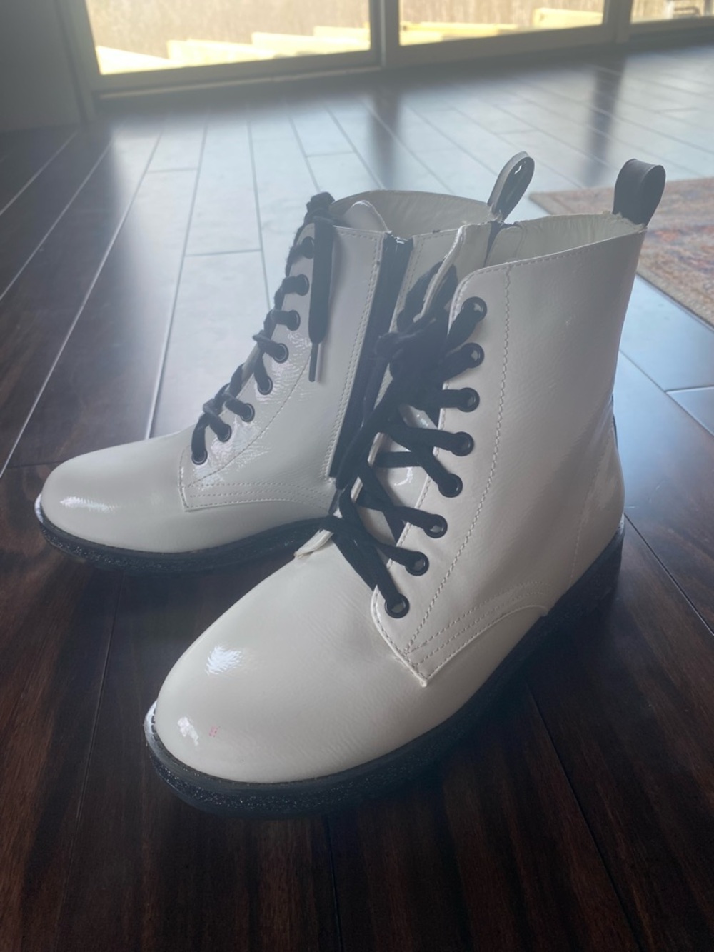 MIA White Patent Lace-Up Combat Boots with Black Laces